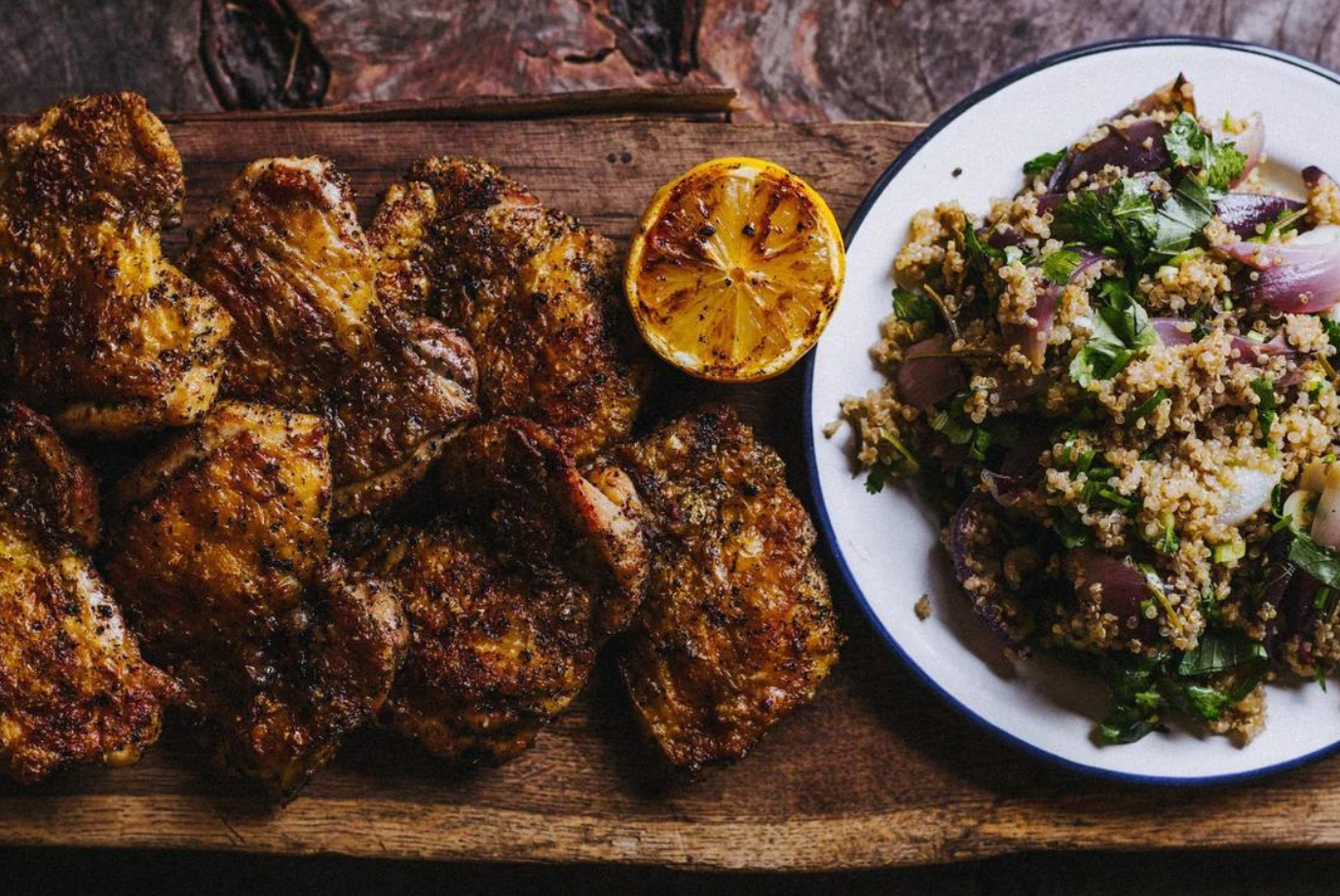 Zingy Lemon Chicken Thighs with Charred Onion & Quinoa Salad