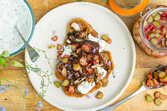 Pork Kebabs with Pickled Rhubarb, Chive Yoghurt & Flatbreads.