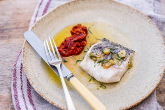 Hake Cooked Basque Style with Garlic & Sauce Romesco, by Mitch Tonks