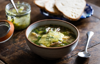 Chicken & Leek Broth with Casarecce Pasta and slices of bread