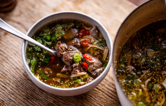 Spiced Beef Broth with Chilli, Sesame, Ginger, Tamari & Noodles