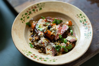 Lamb Neck Fillet, Moghrabieh, Roasted Carrot & Tahini Sauce