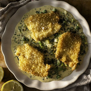 Crispy Lemon Sole with Warm Tartare Sauce and Pickled Cucumber by Thom Bateman