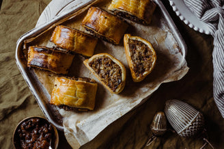 Boozy Prune, Apple & Chestnut Sausage Rolls.