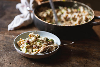Leftover Turkey, Pigs in Blankets, Brussel Sprout, and pea Pasta.