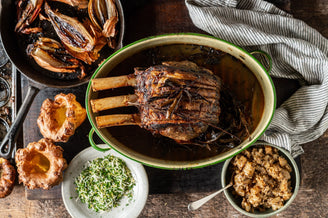 Rib of Beef with Bashed Celeriac, Braised Shallots & Horseradish Gremolata