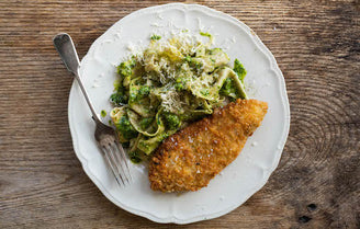Chicken in Breadcrumbs with Pasta Pappardelle & Wild Garlic Pesto