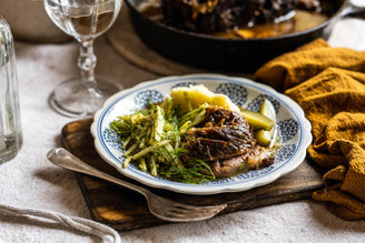 Rolled Beef Brisket with Sauerkraut Mash, Kohlrabi & Dill Pickles