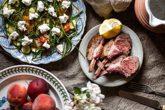Rack of Lamb, with Courgettes, Tomato, Goat’s Curd & Agretti
