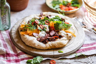 Lamb Heart Flatbread with Chilli, Herbs & Carrot Salad