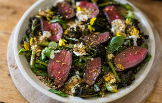 Venison steaks with Purple Sprouted Broccoli, Wild Garlic, Lentils, Dukkah & Tahini Yoghurt