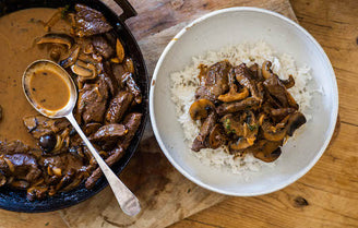 Winter Mushroom & Wild Venison Stroganoff with white rice.