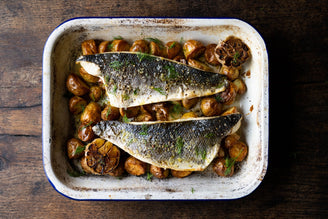 Roast Wild Sea Bass with New Potatoes & Garlic