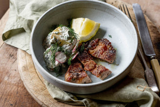 Barbecued Pork Steaks with Radish, Potato & Dill Salad