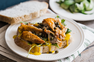 Chicken Thigh, Chicken Fat Mayo & Fried Caper Sandwich with Pickled Cucumber