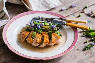 Chicken Breast with Peas, Broad Beans, Grilled Little Gem & Chicken Sauce