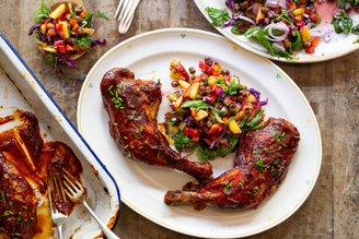 Sticky BBQ Chicken with Peach & Carlin Pea Salad