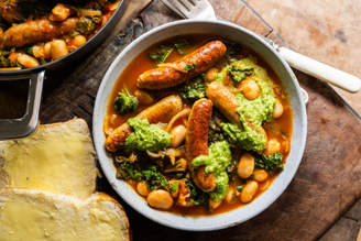 Chicken Sausage, Kale & Bean Stew with Pesto, by Verity Walcott | Pipers Farm Seasonal Recipes | Autumn Recipes Sausage Casserole Sustaianble Eating Simple Family Friendly Recipe Ideas Healthy Clean Eating