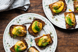 Tinned Mussel Toasts with Aioli, by Hannah Thomas | Pipers Farm Canape Recipe | Party Food Simple Ideas Recipes Seasonal Eating | Herbs & Wild