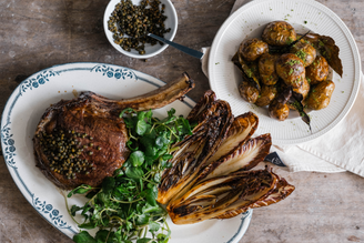 Côte de Boeuf with Roast New Potatoes, Bay Salt, Chicory & Pickled Peppercorns