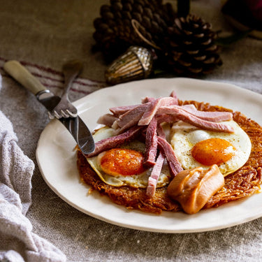 Bacon Fat Rosti with Fried Eggs, Pulled Gammon & Spiced Apple Ketchup by Thom Bateman