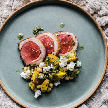 Mutton Loin, Squash & Goats Curd Salad with Salsa Verde | Pipers Farm Recipe