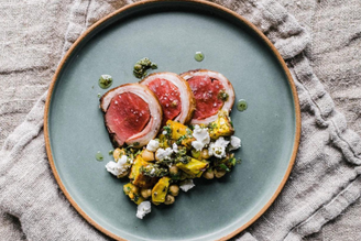 Mutton Loin, Squash & Goats Curd Salad with Salsa Verde | Pipers Farm Recipe
