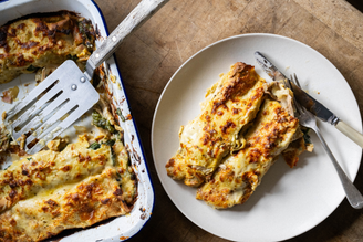 Baked Pancakes With roast Chicken, salty Bacon & Wild, earthy Mushrooms.