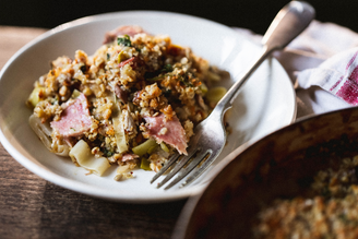 A bowl of leftover turkey and gammon christmas crumble.