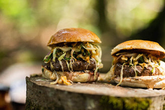 Lamb & Kimchi Burger with Peanut Coriander Slaw & Scotch Bonnet Mayo