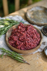 A bowl of raw, grass fed enriched beef mince with ox liver.