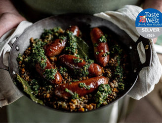 Green Lentils with Natural, 100% Native Breed Pork Sausages Unbeatable Depth of Flavour