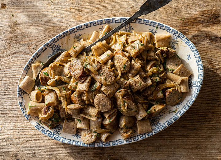 Northern Pasta Co, British Spelt Rigatoni - Recipe: Sausage & Caramelised Onion Pasta with Cream, Mustard & Parsley, by Gill Meller