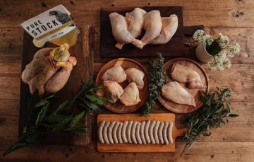 Properly Free Range Chicken Box Including Chicken Sausages, Skin On Chicken Breast, Bone In Chicken Thighs, Chicken Legs, A Whole Chicken Without Giblets and Pure Chicken Stock.
