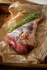 A leg of raw, grass fed, Cull Yaw Mutton with rosemary.