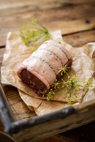 A raw and ready to cook grass fed, Cull Yaw Mutton Loin.