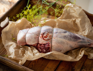 A leg of raw, grass fed, Cull Yaw Mutton with rosemary.