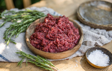 A bowl of raw, grass fed enriched beef mince with ox liver.