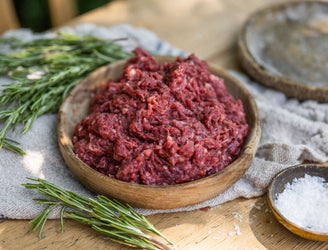 A bowl of raw, grass fed enriched beef mince with ox liver.