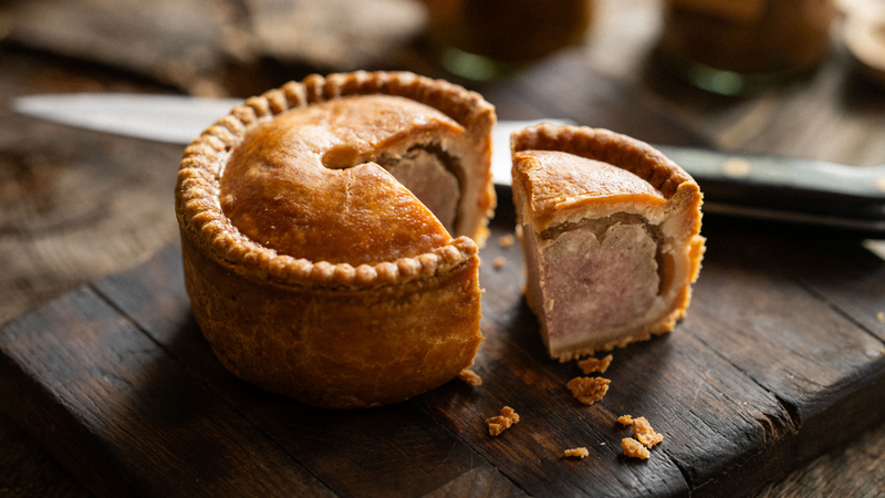 Handmade artisan pork pie with ethically farmed pork