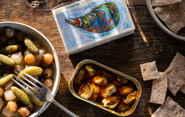 Lyme Bay Tinned Mussels preserved in Escabeche sauce.
