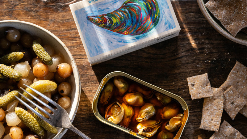 Lyme Bay Tinned Mussels preserved in Escabeche sauce.