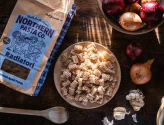Close-up of Radiatori Pasta Crafted With Regeneratively Grown British spelt