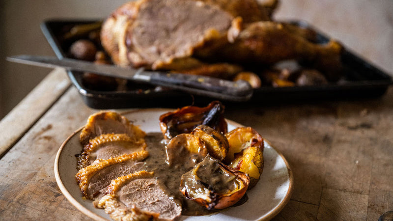 Sliced and cooked properly free range duck with vegetables and gravy