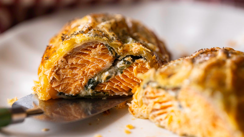 ChalkStream Trout Wellington with Quickes Cheddar & Spinach