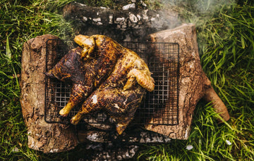 A barbecued, whole, properly free range spatchcock chicken