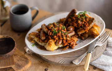 Croissants with Herby Beans and native breed breakfast sausages