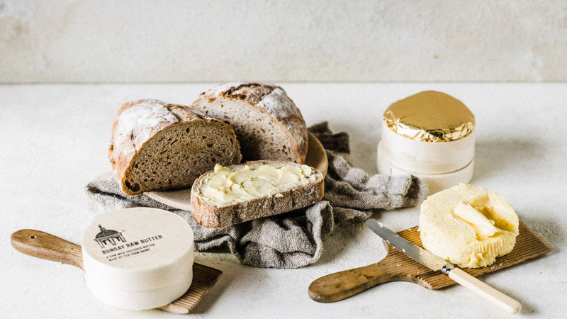 Sliced and Buttered Sourdough Bread with Bungay Raw Cultured Butter from Fen Farm Dairy.