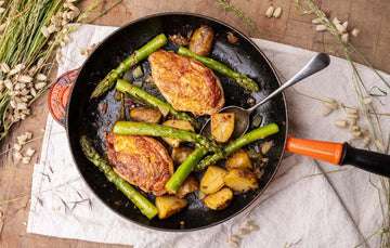 Cooked, properly free range chicken breasts with Anchovies, Rosemary & Jersey Royals