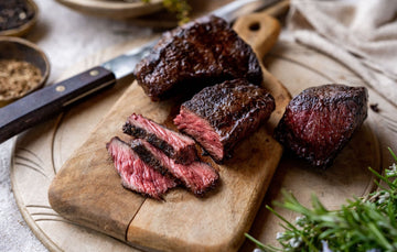 Sliced, Pan-Seared Chuck Steak With A Pink Centre, Medium Rare 100% Grass Fed Beef Steak